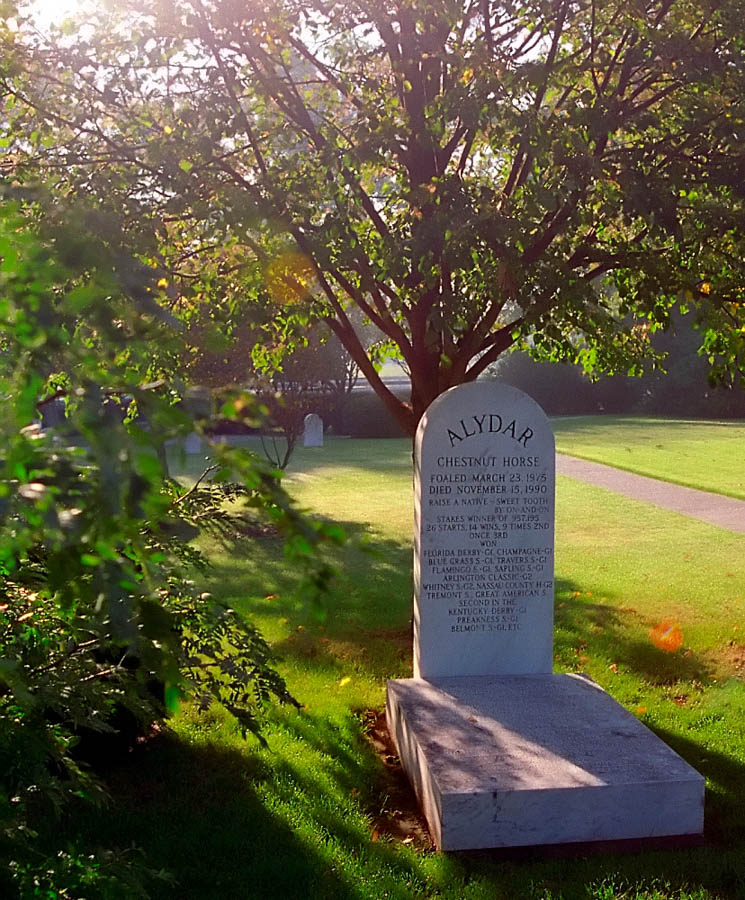 Alydar is buried in the Calumet Farm Equine Cemetery, surrounded by Citation, Tim Tam, Iron Liege, and Bull Lea among others. His mother, Sweet Tooth, is also buried here. Photo copyright David Ohmer. All rights reserved. 