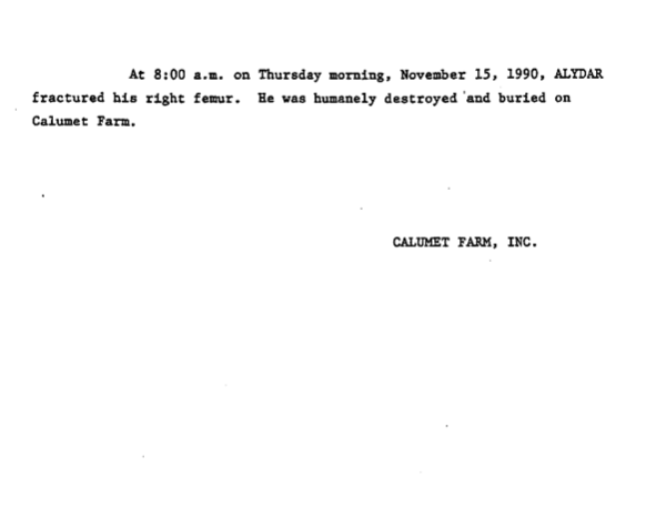 Calumet's undated press release regarding Alydar's death.