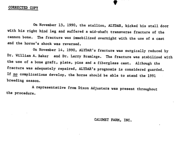 Calumet's undated press release advising of Alydar's accident and surgery.